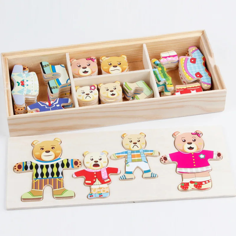 Wooden Bear Family Dress-Up Puzzle Toy – Montessori Learning Fun