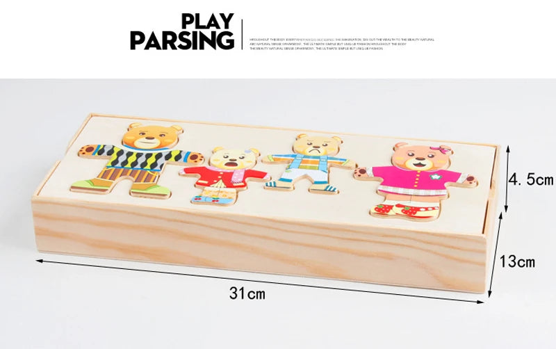 Wooden Bear Family Dress-Up Puzzle Toy – Montessori Learning Fun