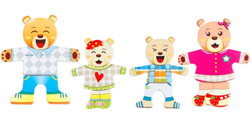 Wooden Bear Family Dress-Up Puzzle Toy – Montessori Learning Fun