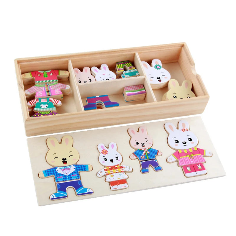 Wooden Bear Family Dress-Up Puzzle Toy – Montessori Learning Fun
