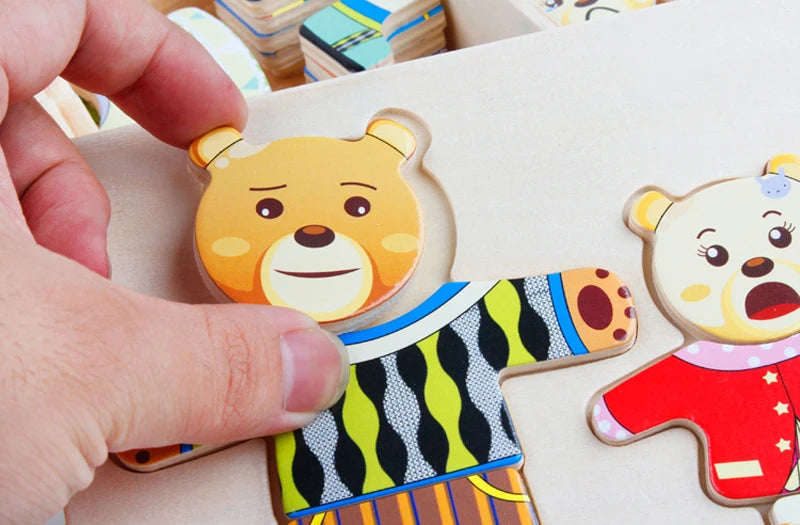 Wooden Bear Family Dress-Up Puzzle Toy – Montessori Learning Fun