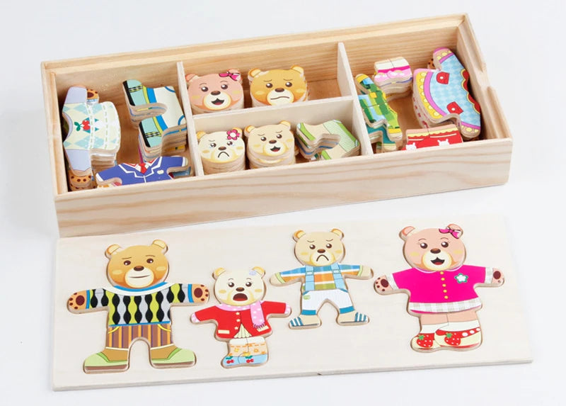 Wooden Bear Family Dress-Up Puzzle Toy – Montessori Learning Fun