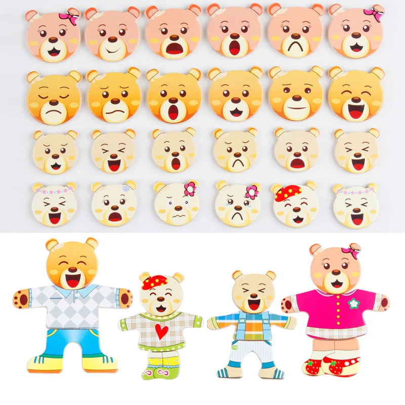 Wooden Bear Family Dress-Up Puzzle Toy – Montessori Learning Fun