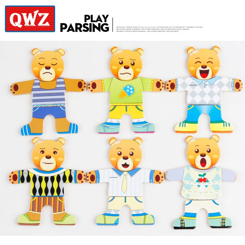 Wooden Bear Family Dress-Up Puzzle Toy – Montessori Learning Fun
