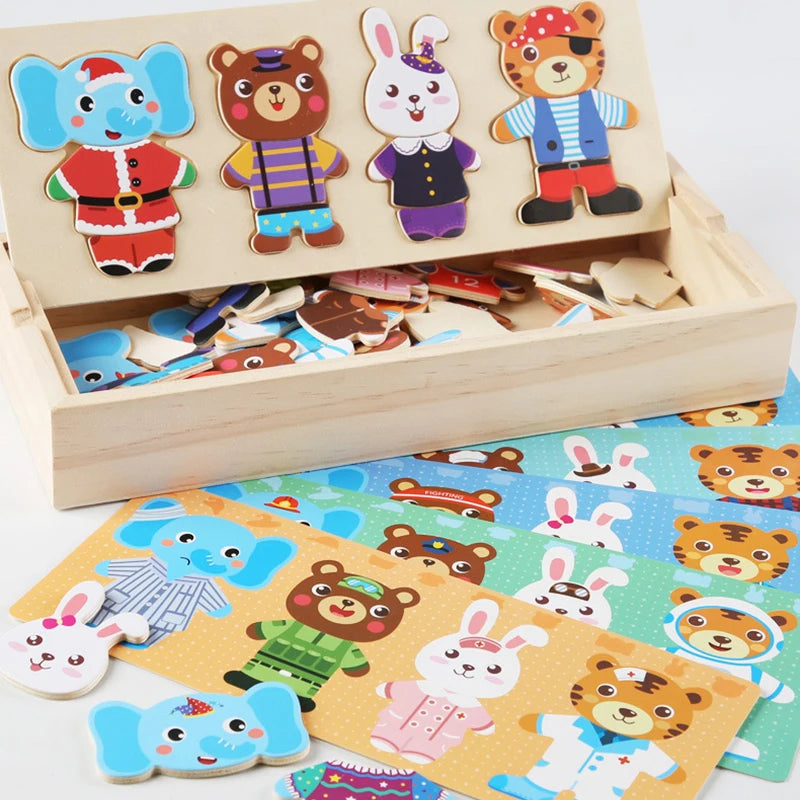 Wooden Bear Family Dress-Up Puzzle Toy – Montessori Learning Fun