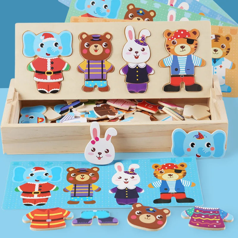 Wooden Bear Family Dress-Up Puzzle Toy – Montessori Learning Fun