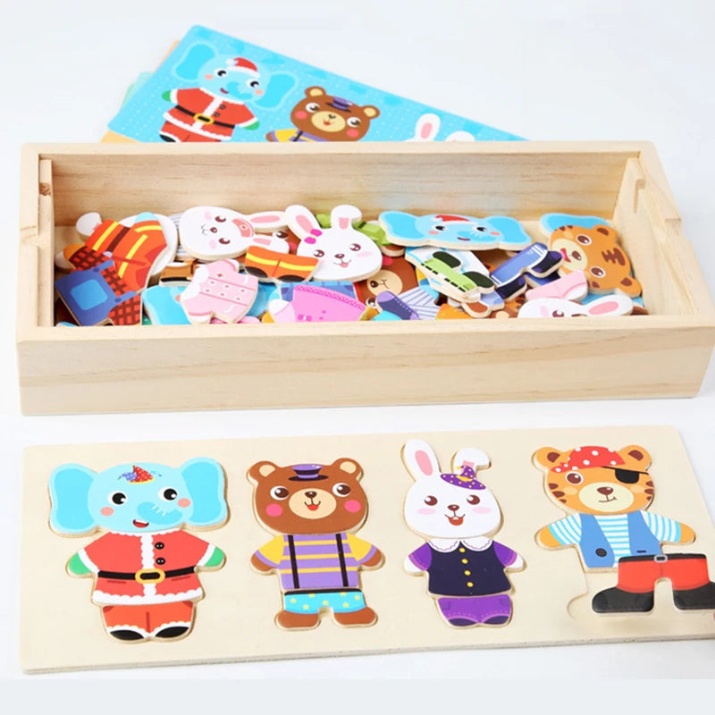 Wooden Bear Family Dress-Up Puzzle Toy – Montessori Learning Fun