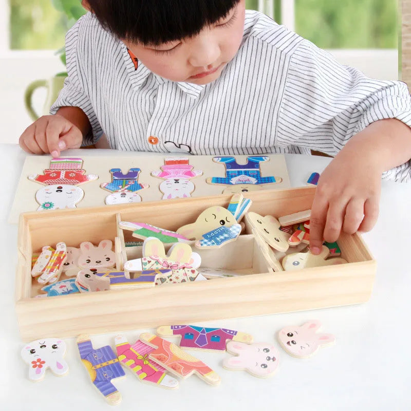 Wooden Bear Family Dress-Up Puzzle Toy – Montessori Learning Fun