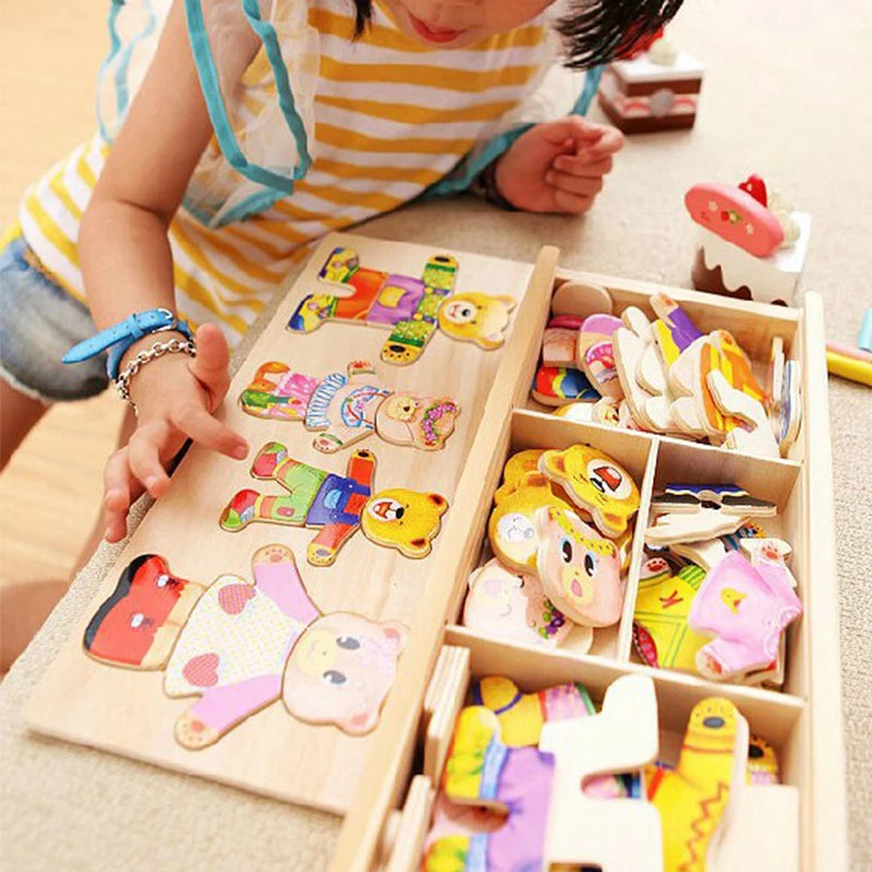 Wooden Bear Family Dress-Up Puzzle Toy – Montessori Learning Fun