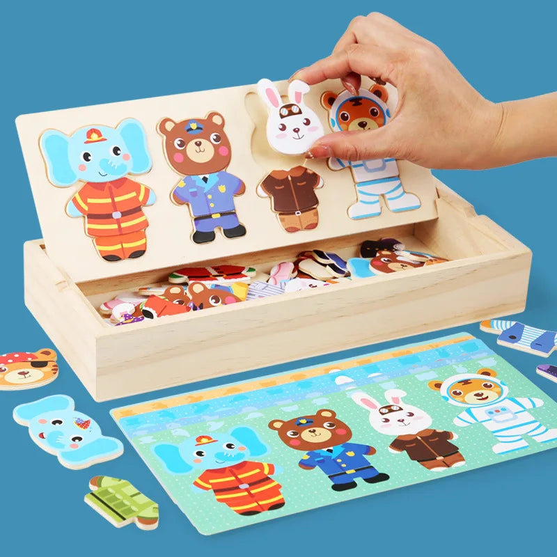Wooden Bear Family Dress-Up Puzzle Toy – Montessori Learning Fun