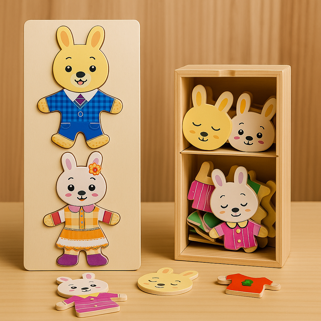 Wooden Bear Family Dress-Up Puzzle Toy – Montessori Learning Fun