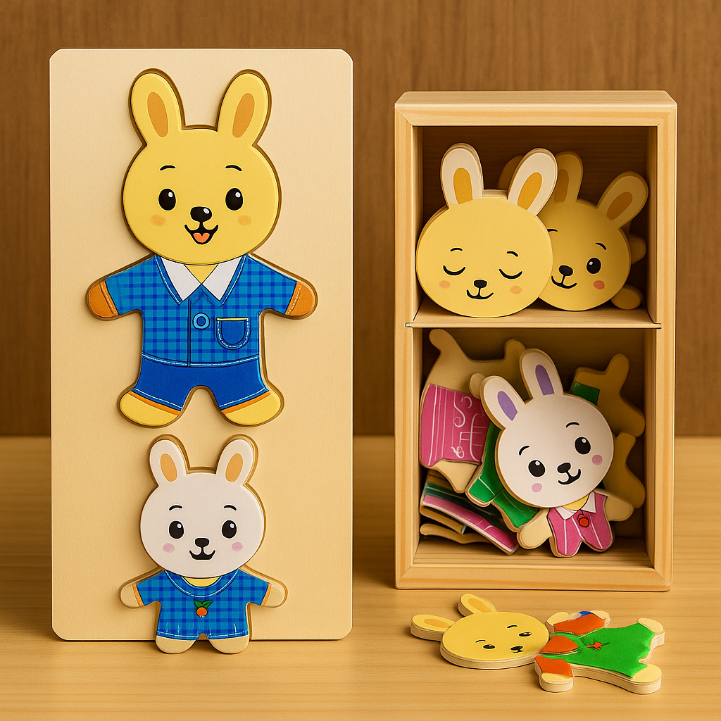 Wooden Bear Family Dress-Up Puzzle Toy – Montessori Learning Fun