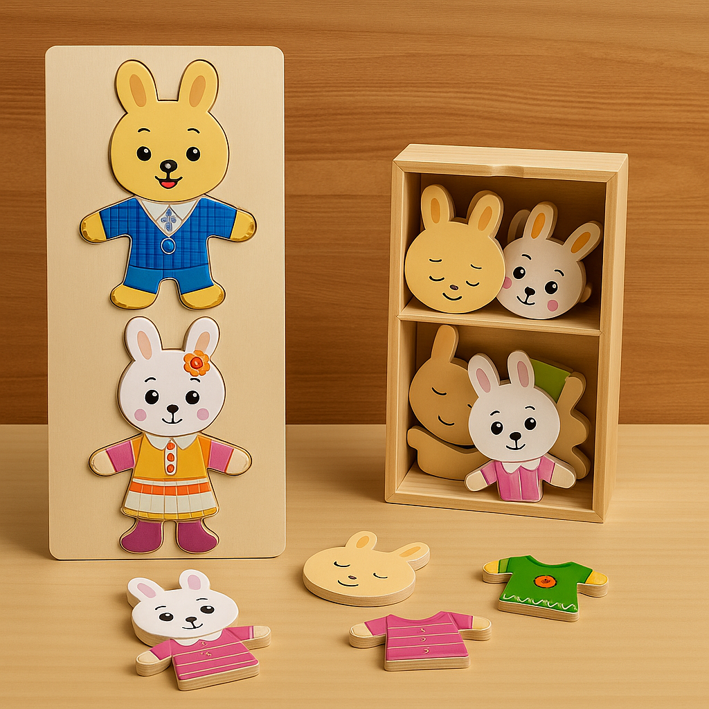 Wooden Bear Family Dress-Up Puzzle Toy – Montessori Learning Fun