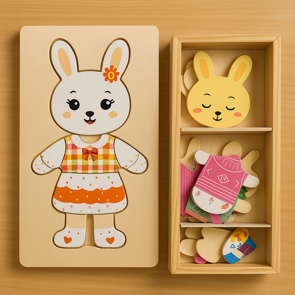 Wooden Bear Family Dress-Up Puzzle Toy – Montessori Learning Fun