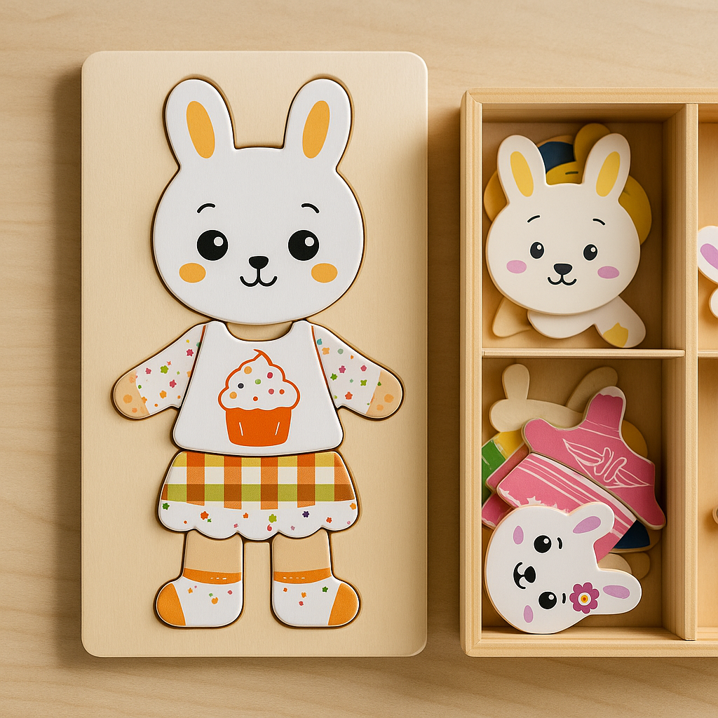 Wooden Bear Family Dress-Up Puzzle Toy – Montessori Learning Fun