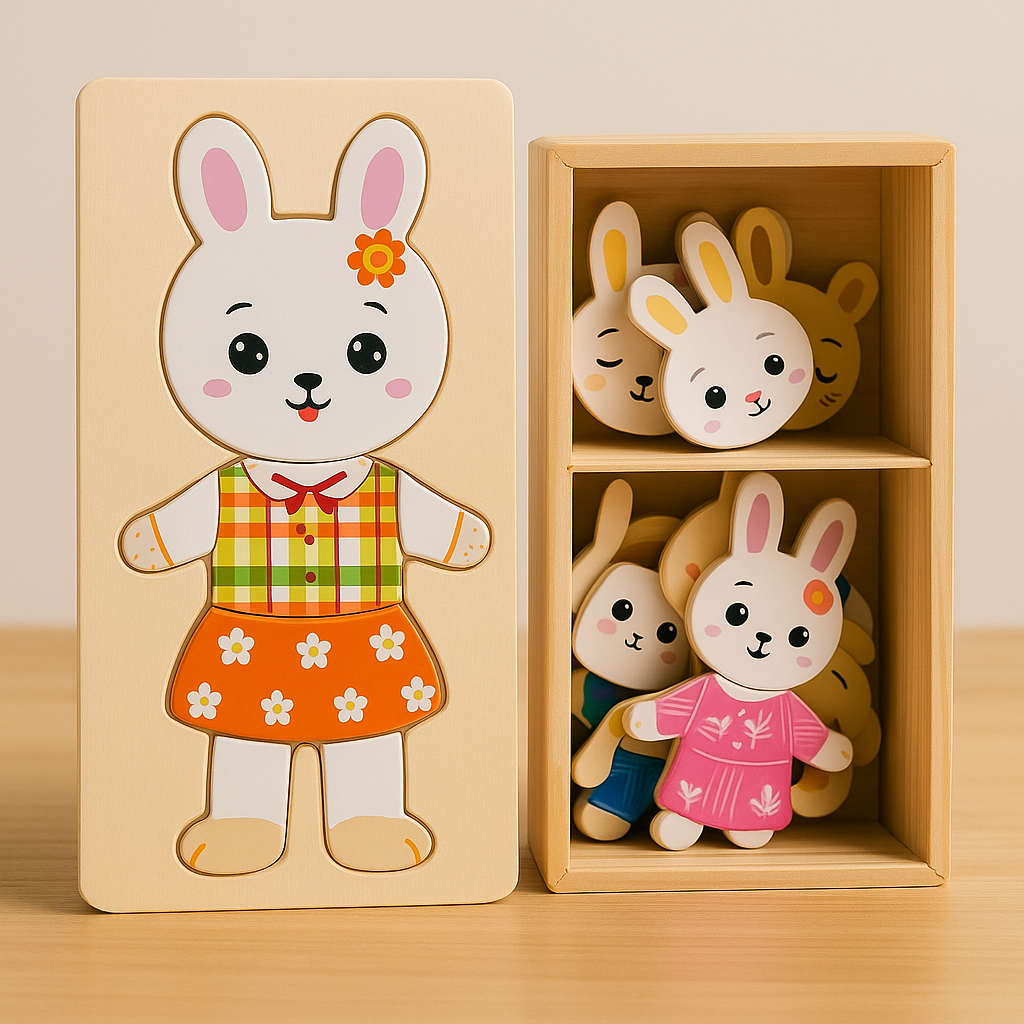 Wooden Bear Family Dress-Up Puzzle Toy – Montessori Learning Fun