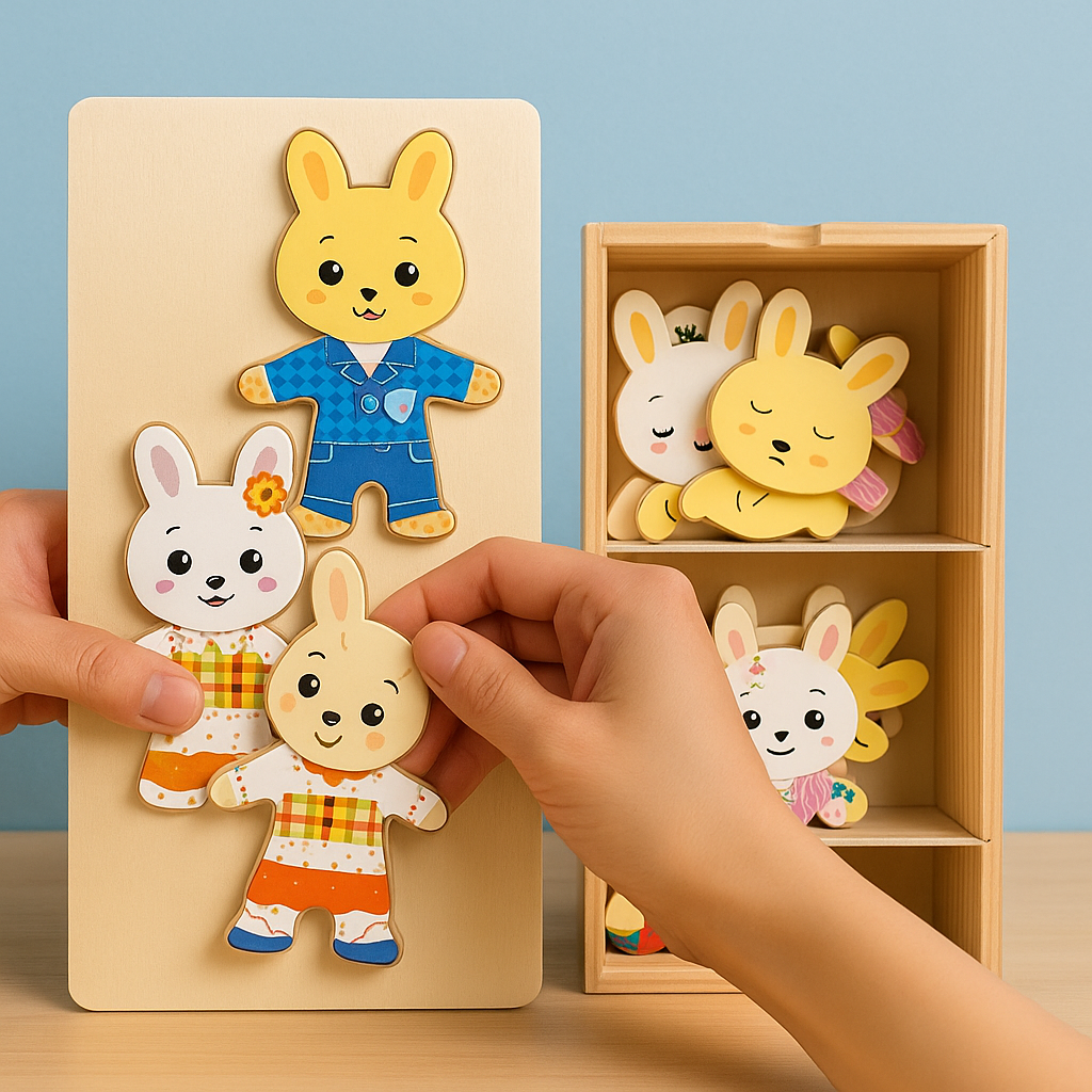 Wooden Bear Family Dress-Up Puzzle Toy – Montessori Learning Fun