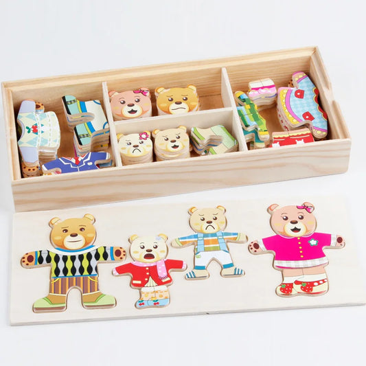 Wooden Bear Family Dress-Up Puzzle Toy – Montessori Learning Fun